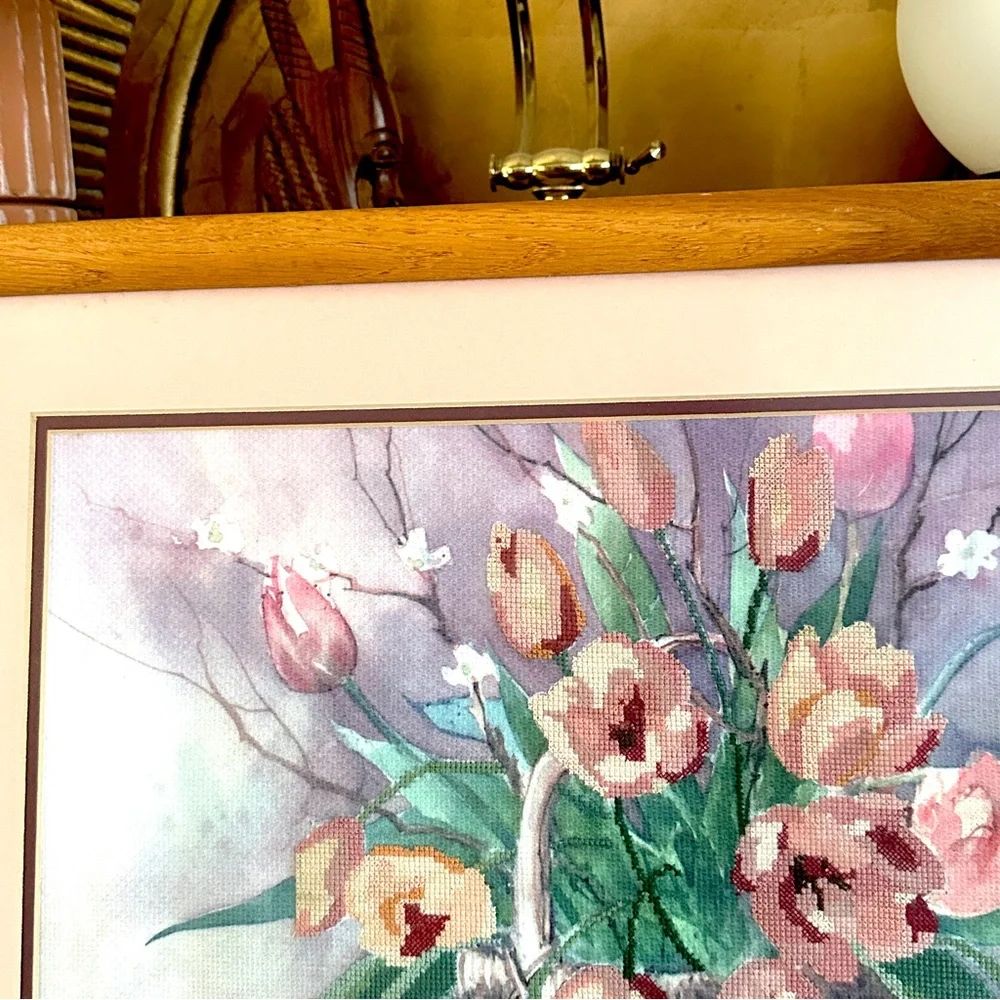 Vtg 1985 Tulip Embroidered Cross Stitch Barbara Mock Signed Floral Print Frame